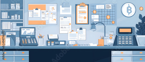 A flat vector illustration of a financial advisor’s office, with documents, calculators, and investment plans clean and professional design with a blue and gray color palette