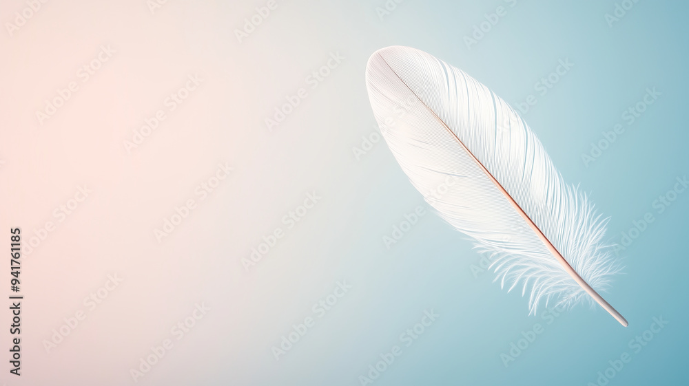Obraz premium A simple white feather gently falling through the air, symbolizing lightness and peace, soft focus, pastel background, digital painting