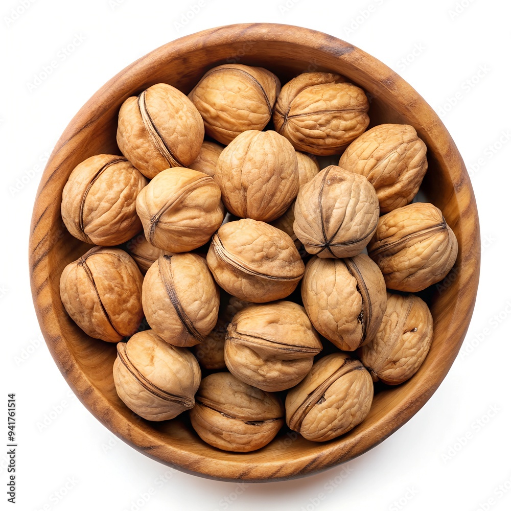 Walnuts in Wooden Bowl on White Background