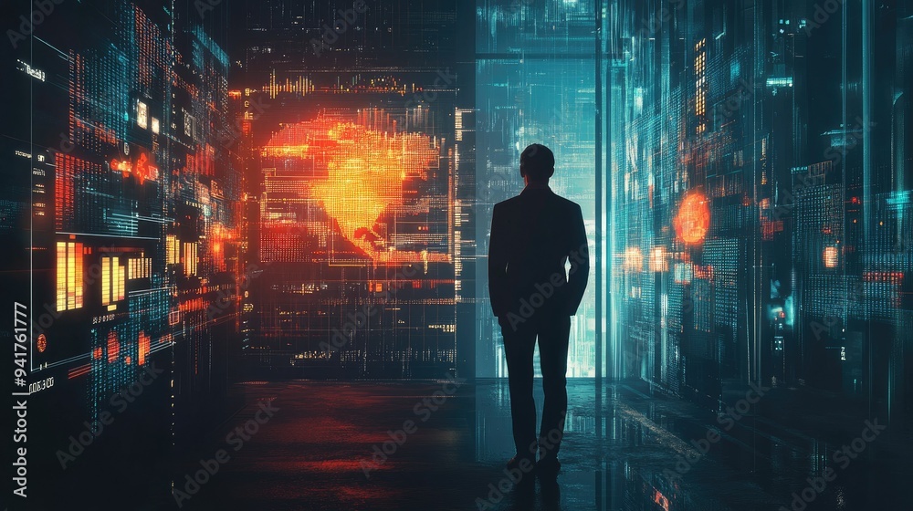 A futuristic financial graph with digital elements, overlaid on a businessman silhouette in a dark, tech-driven environment. A futuristic financial graph with digital elements, overlaid on a businessman silhouette in a dark, tech-driven environment.