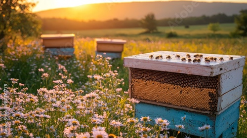 Beehives in a flower field at sunset with bees flying around