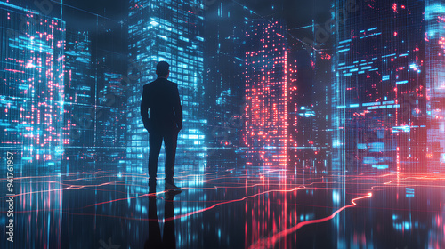Business man on future network city