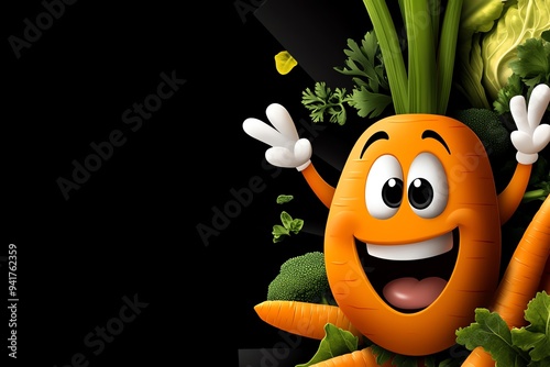 A whimsical cartoon illustration of a carrot with a happy face, possibly interacting with other vegetables photo