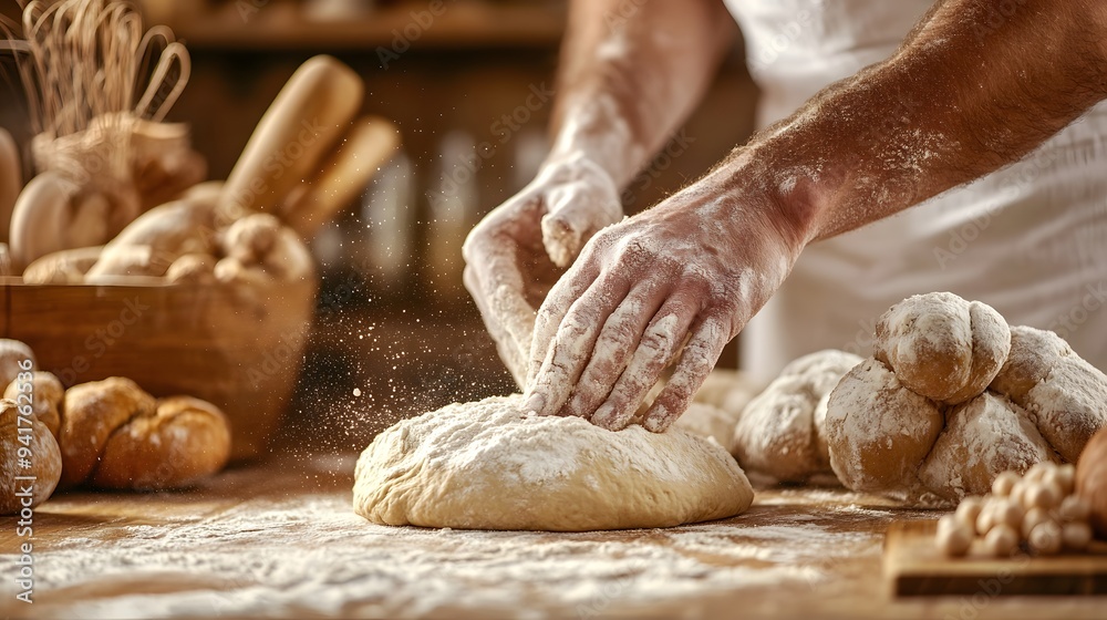 Baker’s Hand Kneading Dough: A baker's hand covered in flour, kneading dough on a wooden surface, with a warm, rustic kitchen setting.
Baker’s Hand Kneading Dough: A baker's hand covered in flour, kneading dough on a wooden surface, with a warm, rustic kitchen setting.