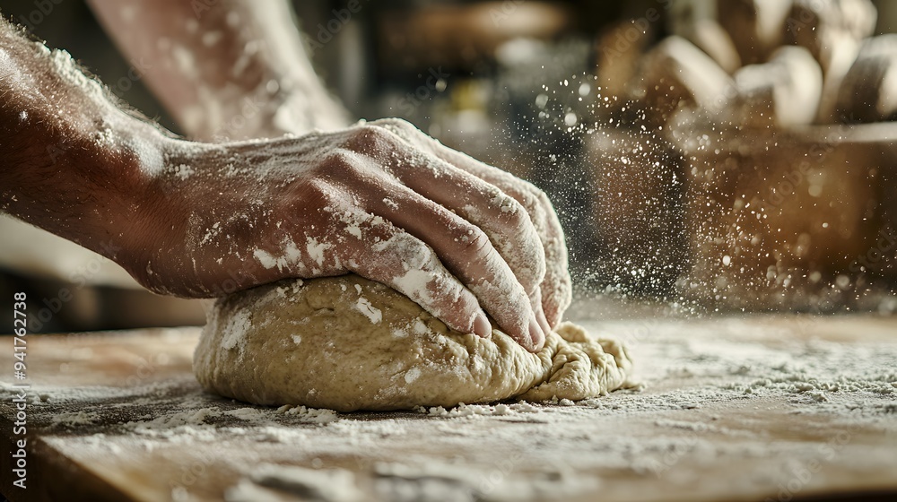Baker’s Hand Kneading Dough: A baker's hand covered in flour, kneading dough on a wooden surface, with a warm, rustic kitchen setting.
Baker’s Hand Kneading Dough: A baker's hand covered in flour, kneading dough on a wooden surface, with a warm, rustic kitchen setting.