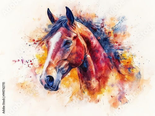 equine watercolor portrait expressive horse head study with fluid brushstrokes and vibrant splashes dreamy color palette blends realism with abstract elements photo