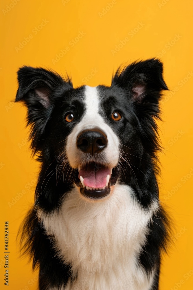 A portrait of a black and white dog sitting on a yellow background A portrait of a black and white dog sitting on a yellow background
