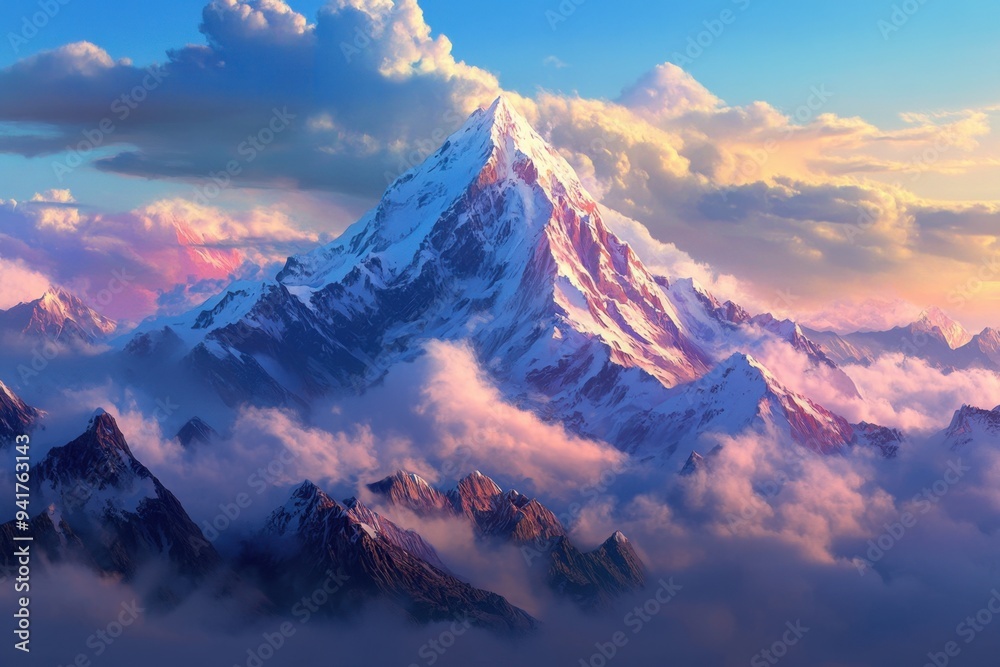 Obraz premium The snow-capped mountain peak rises majestically above the clouds, its peaks adorned with soft pink and blue hues as dawn breaks over it Generative AI
