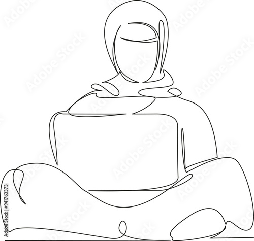 One continuous single drawing line art flat doodle Muslim girl working on laptop, studying, searching for information, learning about the world. Isolated image hand draw contour on a white background