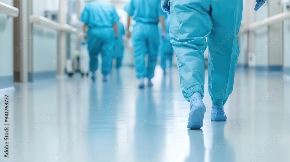 Healthcare professionals in scrubs walking down a hospital corridor, showcasing the medical environment and teamwork. Healthcare professionals in scrubs walking down a hospital corridor, showcasing the medical environment and teamwork.