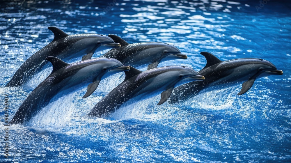 Obraz premium A group of dolphins swimming together in a synchronized formation, showing their natural grace and coordination.