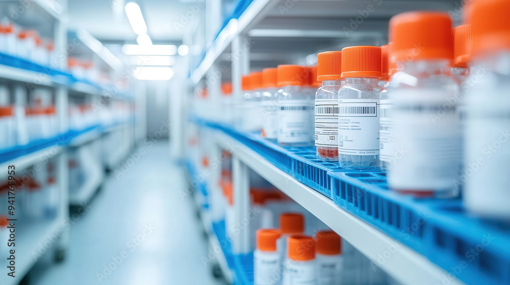 Vials lined on laboratory shelves, showcasing a modern pharmaceutical storage system in a bright, clean environment. Vials lined on laboratory shelves, showcasing a modern pharmaceutical storage system in a bright, clean environment.