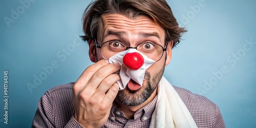 Humorous Allergy - Man with handkerchief, red nose, comical expression