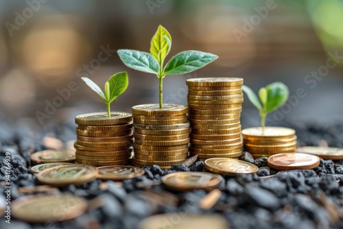 Financial Growth Concept with Plants Sprouting from Stacked Coins in Glass Jars