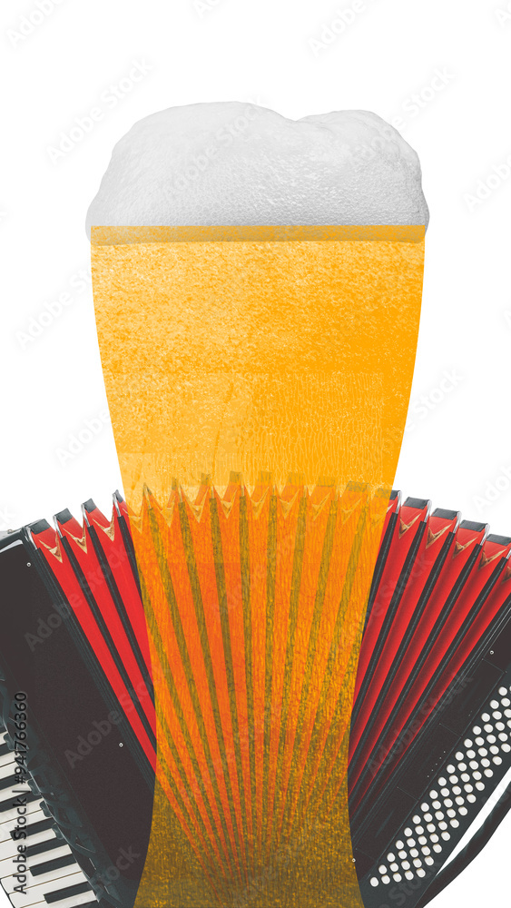 Poster. Contemporary art collage. Glass of beer merges with accordion, blending joy of music with cheer of cold drink, perfect for lively celebrations. Concept of music, Oktoberfest. Beer texture. Poster. Contemporary art collage. Glass of beer merges with accordion, blending joy of music with cheer of cold drink, perfect for lively celebrations. Concept of music, Oktoberfest. Beer texture.
