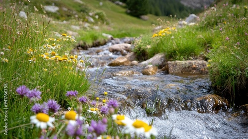 A bubbling brook in the Pyrenees, France, surrounded by wildflowers, with space for copy in the foreground