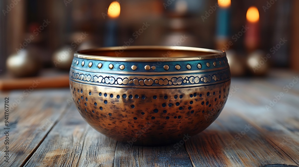 A close-up of a copper singing bowl with intricate designs on a wooden table. The bowl is in focus, while the background is blurred with candles and other bowls. A close-up of a copper singing bowl with intricate designs on a wooden table. The bowl is in focus, while the background is blurred with candles and other bowls.