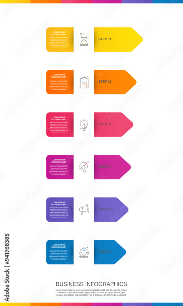 Vector infographic arrow design with six steps. Infographics template for business concept with 6 icons. Used for presentations, info graph, workflow layout, banner, process diagram, flow charts Vector infographic arrow design with six steps. Infographics template for business concept with 6 icons. Used for presentations, info graph, workflow layout, banner, process diagram, flow charts