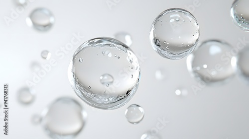 CG Floating Water Droplets: CG-rendered water droplets suspended in mid-air, perfectly round and transparent against a white background.
