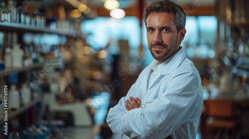 Pensive man with beard in lab coat analyzing data on computer in laboratory setting