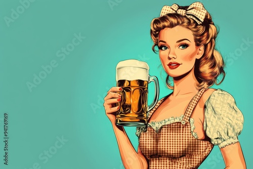 Oktoberfest pin-up girl holding a beer stein on a light blue background