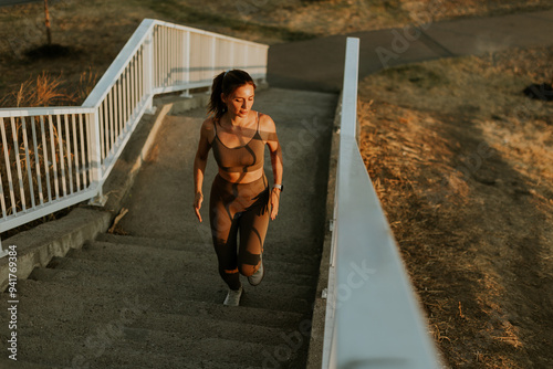 Determined woman jogs down ...