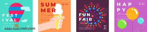 Amusement park festive minimal trendy square banner set. Hot air balloon and fireworks flyer. Ice cream on carnival funfair greeting card creative design. Fun fair festival simple modern eps cover