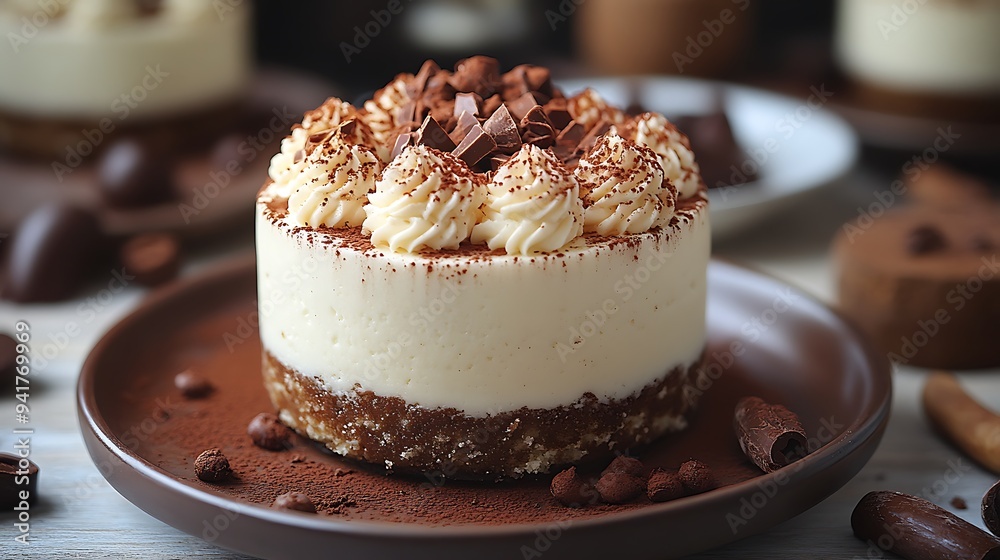 A close-up of a mini tiramisu cake topped with whipped cream and chocolate shavings on a brown plate. A close-up of a mini tiramisu cake topped with whipped cream and chocolate shavings on a brown plate.