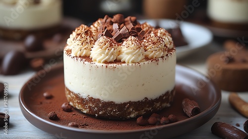 A close-up of a mini tiramisu cake topped with whipped cream and chocolate shavings on a brown plate.