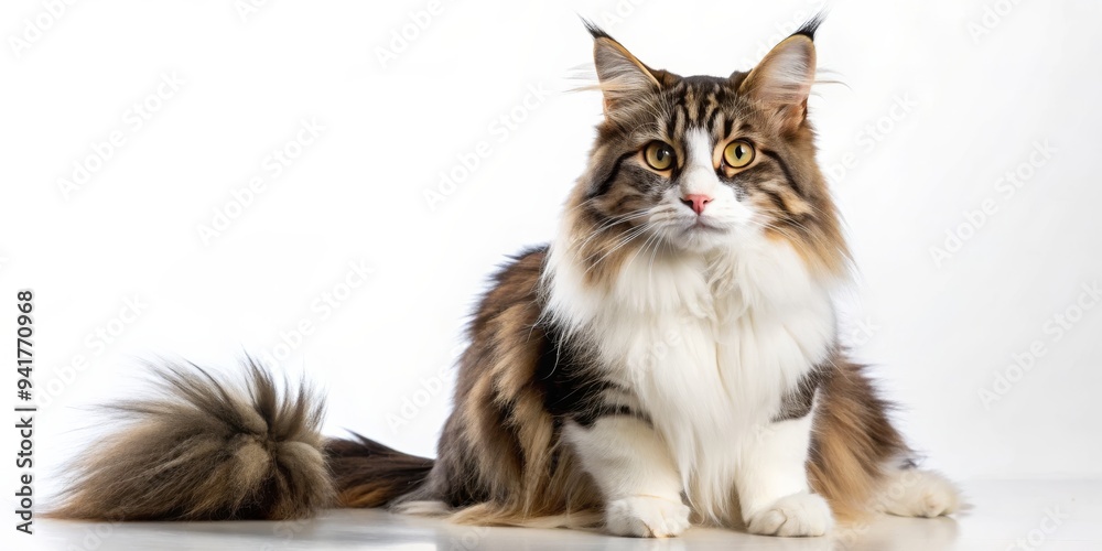 A Fluffy Maine Coon Cat Sitting on White Background, Portrait Photography, Long Fur, White Background, cat, animal, pet A Fluffy Maine Coon Cat Sitting on White Background, Portrait Photography, Long Fur, White Background, cat, animal, pet