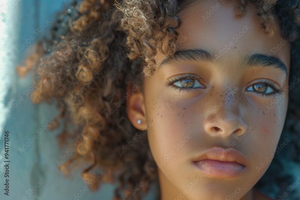 A young child with curly hair looking directly at the camera A young child with curly hair looking directly at the camera