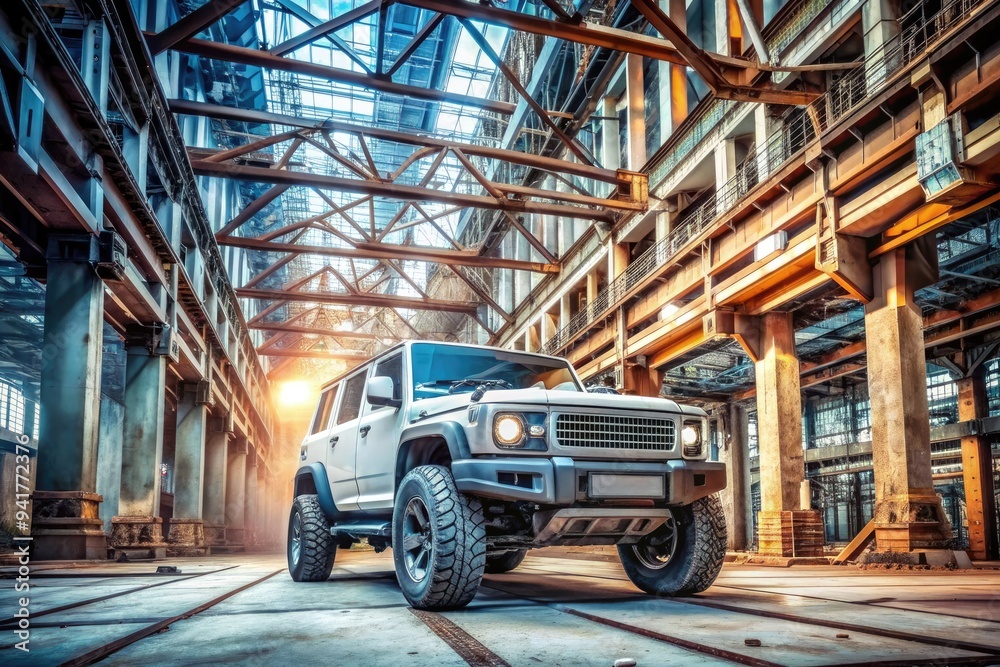 Fototapeta premium Industrial Automotive Fortress: Rugged cars with exposed metal, heavy-duty construction, and utilitarian details, representing strength, durability, and protection.
