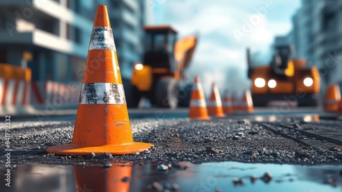 Bright road construction scene with traffic cones, asphalt, and machinery for a modern industrial setting.