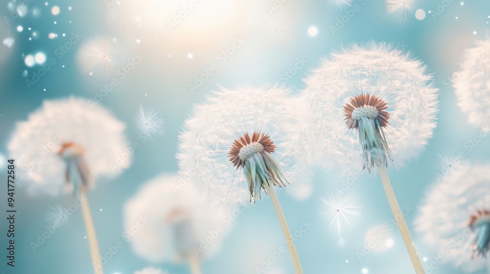 Fluffy dandelions gently floating on a soft breeze, with a peaceful nature-inspired background in pale colors. Fluffy dandelions gently floating on a soft breeze, with a peaceful nature-inspired background in pale colors.