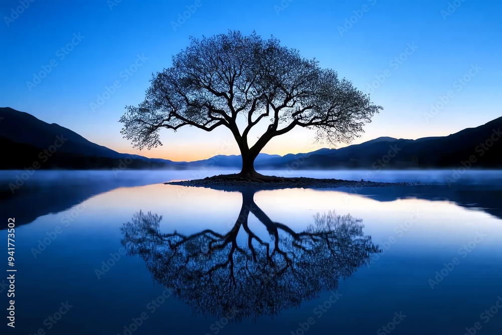 A sad willow tree with drooping branches, its reflection mirrored in a still, mist-covered lake at twilight A sad willow tree with drooping branches, its reflection mirrored in a still, mist-covered lake at twilight