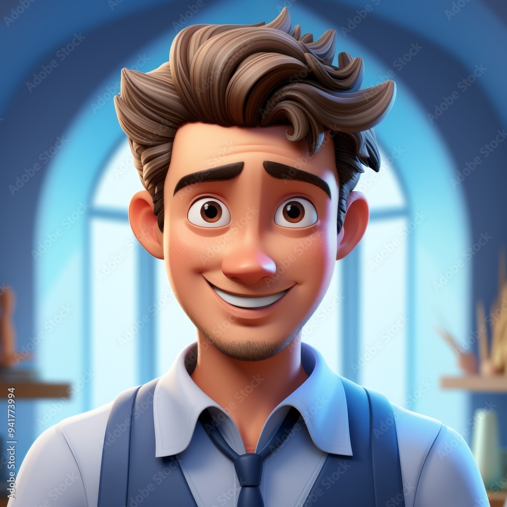Friendly 3D Cartoon Male Character: Smiling Adult Man in Blue Shirt on ...