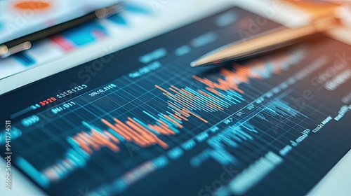 A modern financial graph displayed on a digital tablet with a background of business documents and a pen, highlighting stock market trends.