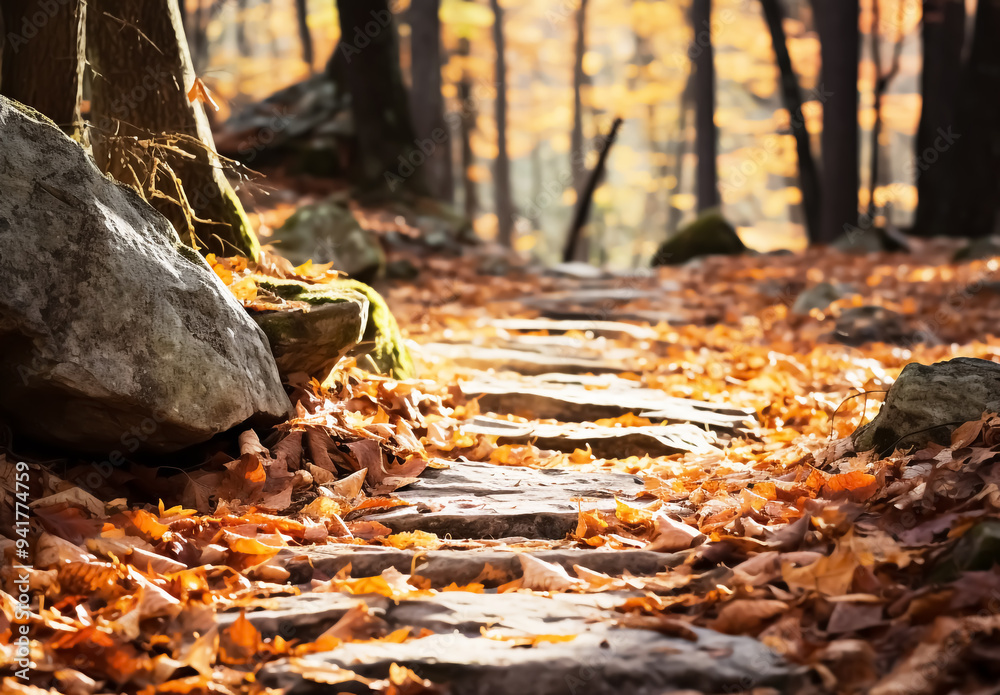 Obraz premium Stone floor covered with autumn foliage