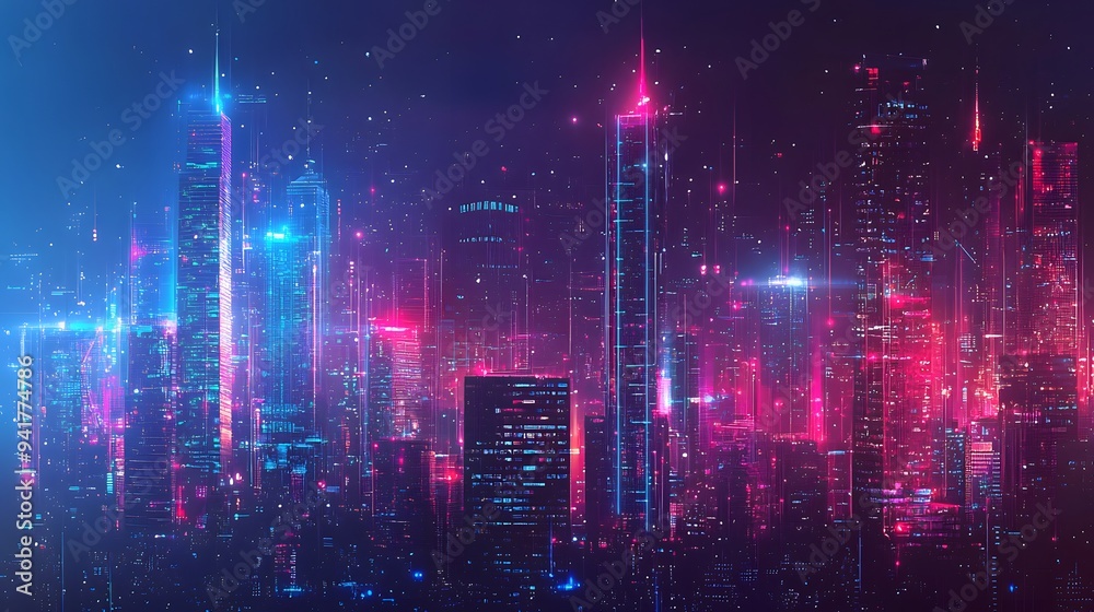 Vibrant futuristic cityscape with neon lights and digital effects. Vibrant futuristic cityscape with neon lights and digital effects.