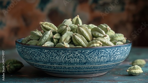 Cardamom or elaichi in a ceramic bowl