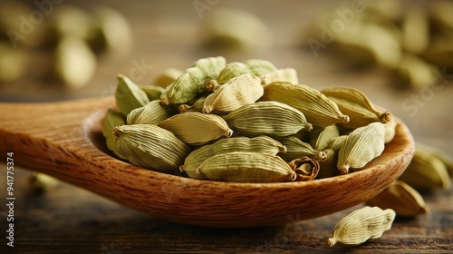 Wooden scoop of cardamom, elaichi 