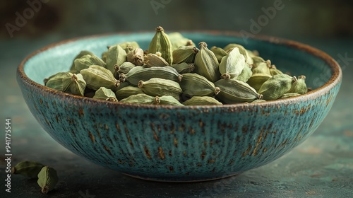 Cardamom or elaichi in a ceramic bowl