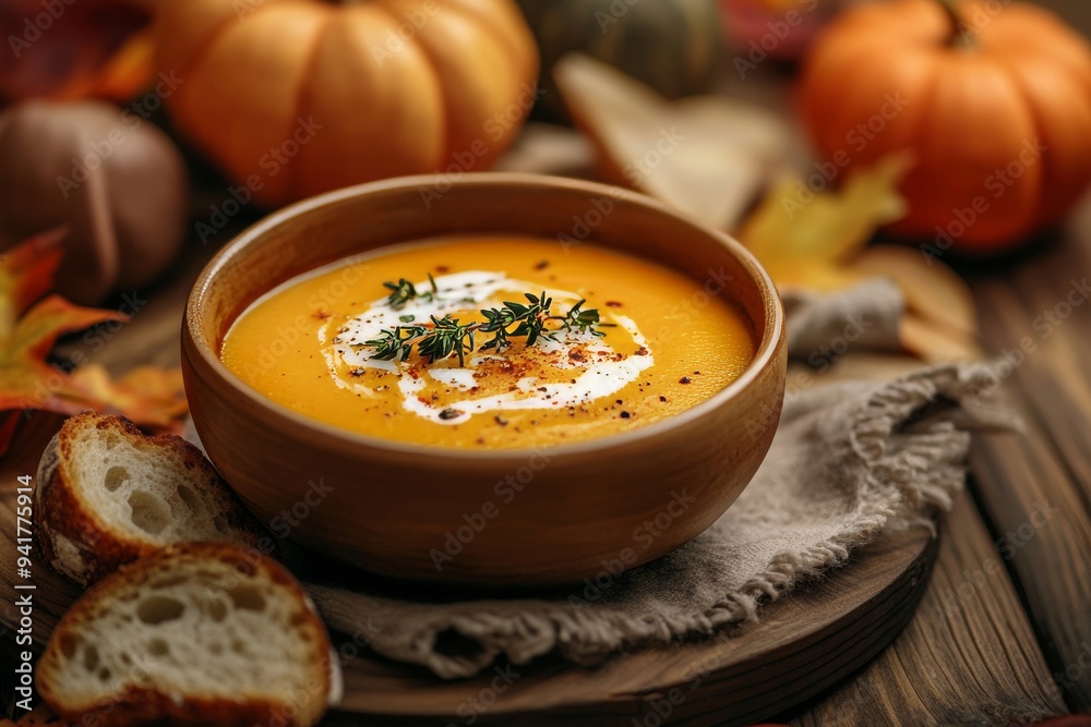 a wooden surface with pumpkin soup and bread a wooden surface with pumpkin soup and bread