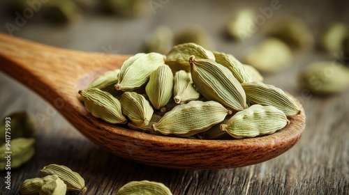 Wooden scoop of cardamom, elaichi 