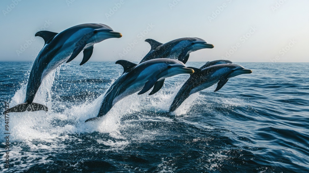 A pod of dolphins leaping out of the ocean in unison against a backdrop of a clear blue sky, capturing their playful nature.
