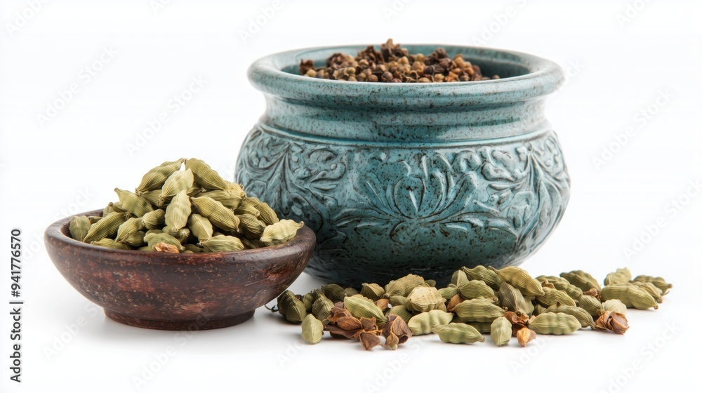 Cardamom in a ceramic bowl isolated on a white background Cardamom in a ceramic bowl isolated on a white background
