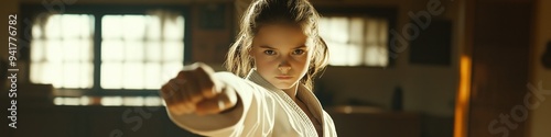 teenage girl in white karate outfit determined expression cinematic shot arm extended training photo