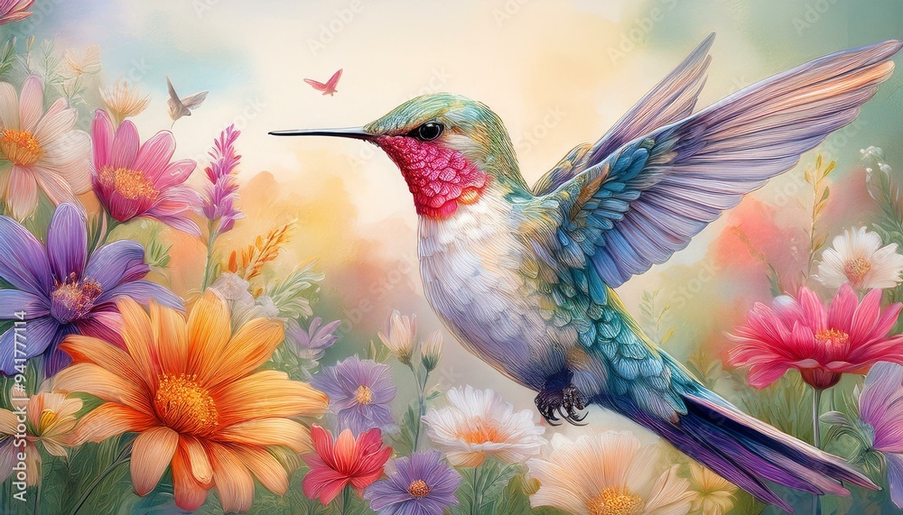 Obraz premium Pastel painting, hummingbird, among colorful wildflowers, pastel painting technique, pastel texture, light blending, intricate details, soft, vibrant, layered.