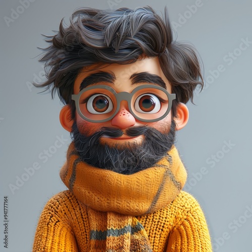 Smiling Indian 3D Cartoon Male Character: Mature Man in Yellow Sweater on Light Background. Minimalist Design for Emotional Expression and Cultural Inclusivity. Modern Marketing Template with Elegant 