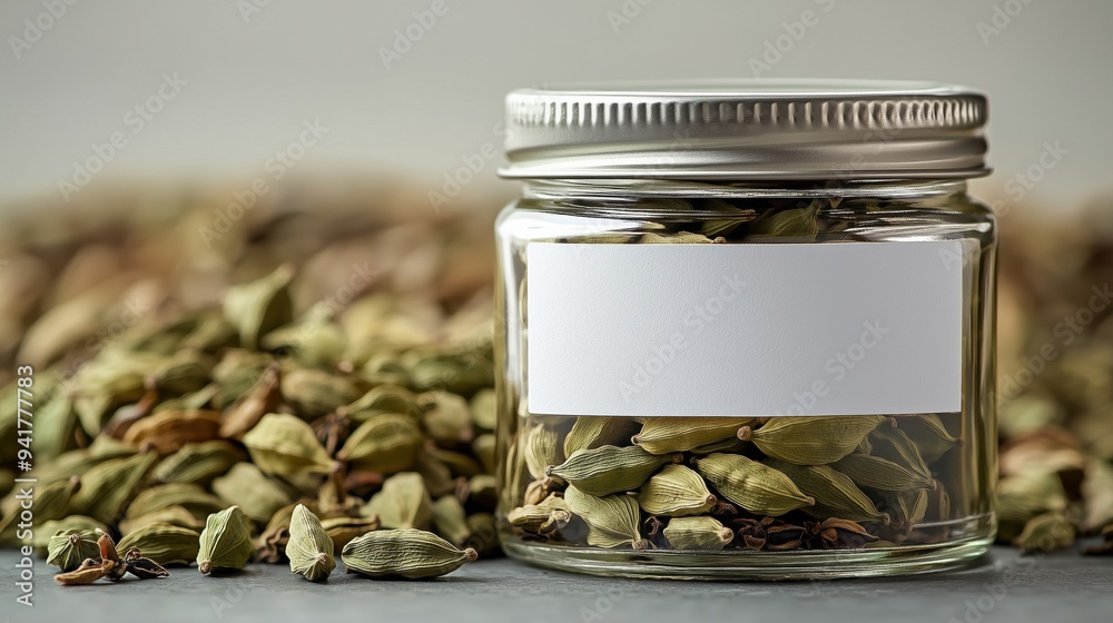 A glass jar of cardamom isolated on a white background A glass jar of cardamom isolated on a white background